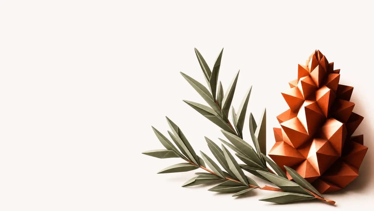 Alpha-Pinen — stilisierte Illustration typischer Quellen (Kiefern, Rosmarin, Salbei)